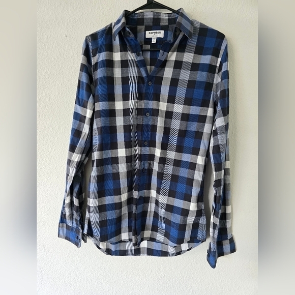 Express Plaid Shirt Mens Sz S Blue Black White Long Sleeve Button Up Academia - Picture 7 of 11